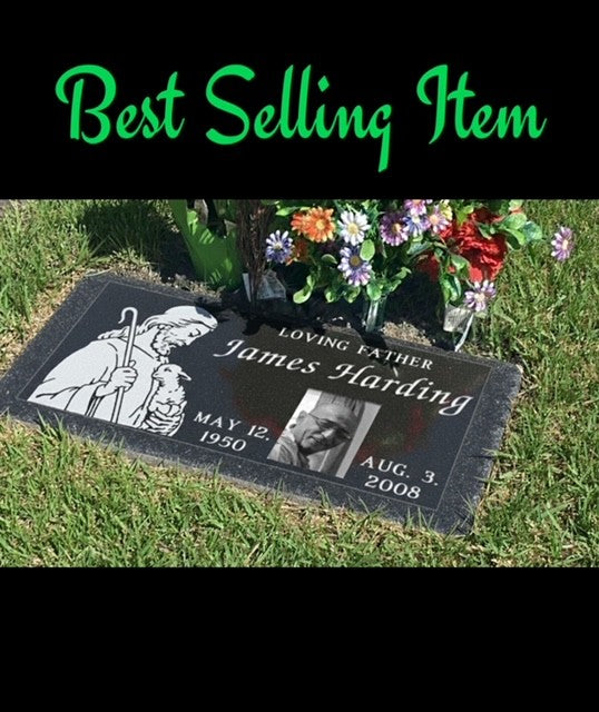 2'x1'x4" Flush Black Granite Headstone with PORTRAIT ETCHING of your loved one